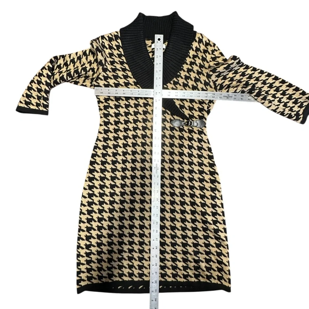 CALVIN KLEIN Black & Tan Houndstooth Sweater Dress Buckle STRETCH Women's Small - Picture 7 of 8